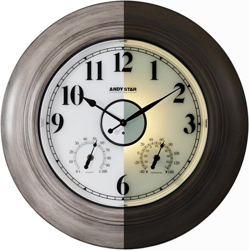 ANDY STAR 21 Inch Large Luminous Outdoor Wall Clock and Temperature for Patio, Pool, Oversized Round Wall Clocks Waterproof, Vintage Brushed Gray Oak Wooden Finish Silent Non Ticking - Image 1