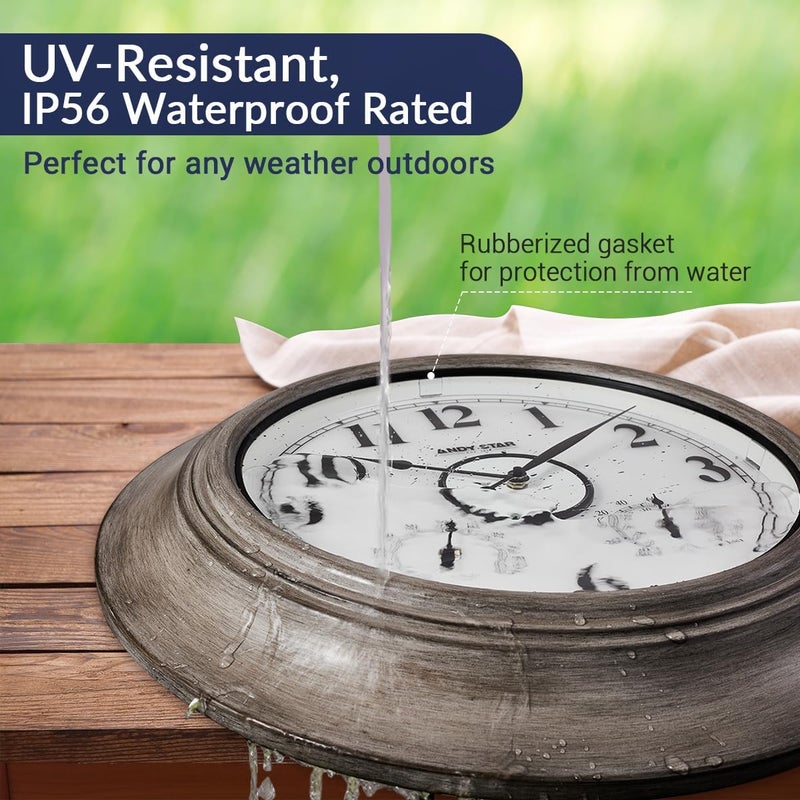 ANDY STAR 21 Inch Large Luminous Outdoor Wall Clock and Temperature for Patio, Pool, Oversized Round Wall Clocks Waterproof, Vintage Brushed Gray Oak Wooden Finish Silent Non Ticking - Image 4