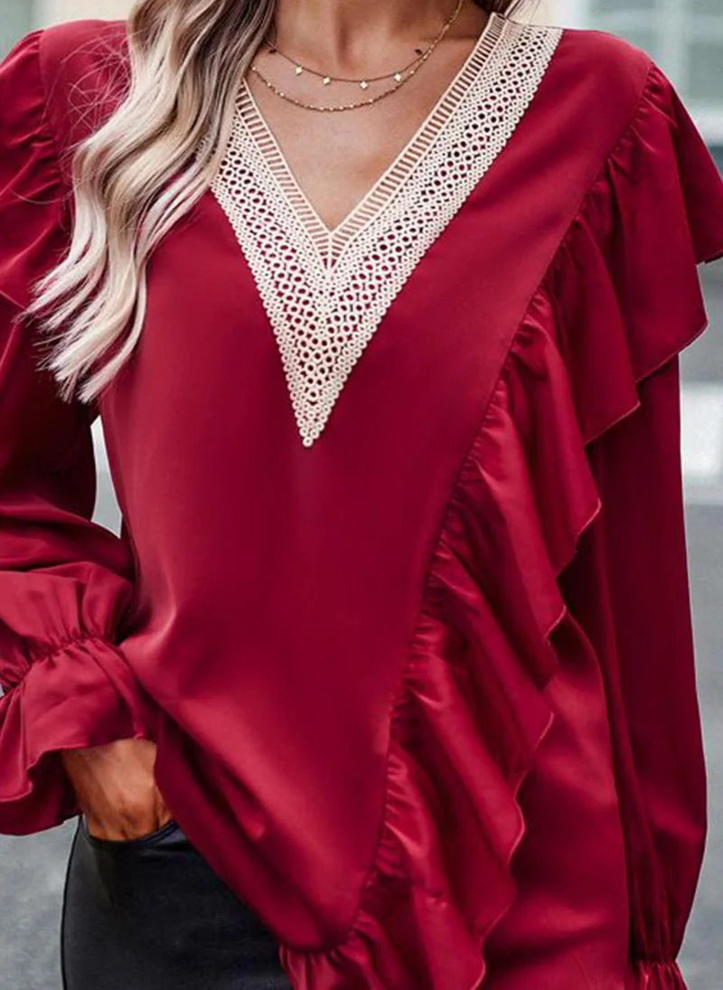 YUNIQEE Red V-Neck Long Sleeves Solid Top