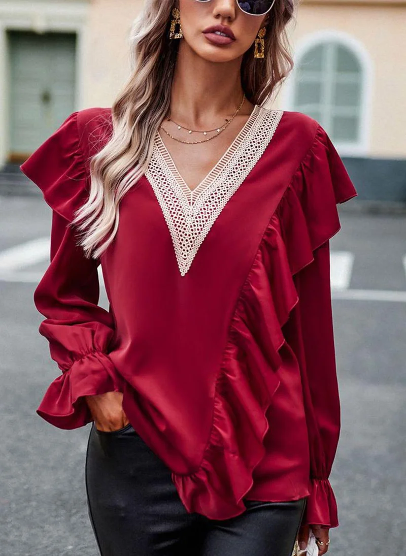 YUNIQEE Red V-Neck Long Sleeves Solid Top