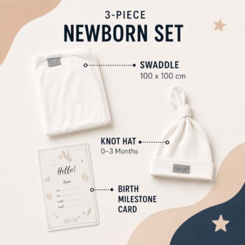 Newborn Baby Gift Set, 3-Piece Cotton Jersey Swaddle Blanket 100 x 100 cm, Knot Hat 0-3 Months Birth Milestone Card, Oeko-Tex Materials, Made in Poland - Image 2