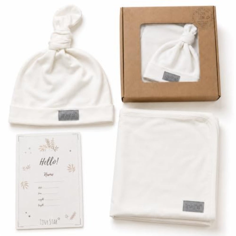 Newborn Baby Gift Set, 3-Piece Cotton Jersey Swaddle Blanket 100 x 100 cm, Knot Hat 0-3 Months Birth Milestone Card, Oeko-Tex Materials, Made in Poland - Image 1