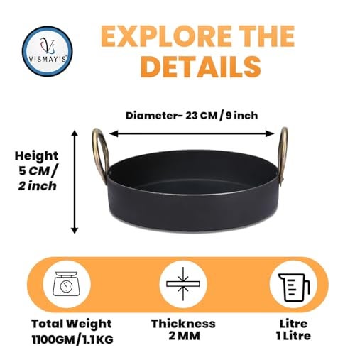 VISMAY'S 9 Inch Iron Flat Base Fry Pan Lohe Ki Tai Kadai for Jalebi Malpua Multipurpose Food Grade Iron Gas and Induction Friendly - Image 2
