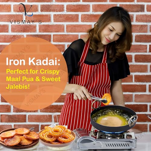 VISMAY'S 9 Inch Iron Flat Base Fry Pan Lohe Ki Tai Kadai for Jalebi Malpua Multipurpose Food Grade Iron Gas and Induction Friendly - Image 5