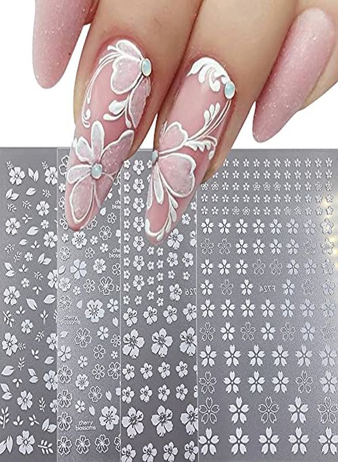 ZEYER Flower Nail Art Stickers Decals 4 Sheets White Cherry Blossoms Nail Art Supplies 3D SelfAdhesive Nail Decorations Accessories Diy Acrylic Nail Art Applique (White) - Image 1