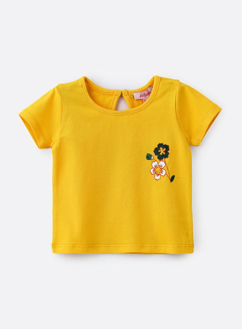 Jelliene Girls' Yellow Floral Embroidered Cotton T-Shirt