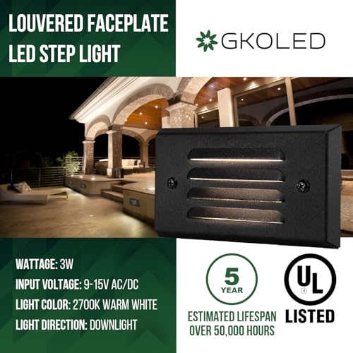 GKOLED 12V 3W Surface Mount Low Voltage LED Step Light with Horizontal Louver Faceplate for Steps Decks Pathway Yard Stairs Fences, IP65 Rated for Outdoor Waterproof, Ideal for Wet Locations (4 Packs) - Image 2