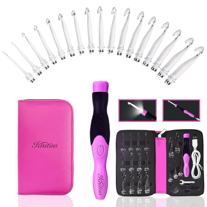 Knitiss 17 Sizes Lighted Crochet Hooks Set 25 mm to 140 mm Rechargeable Light Up Crochet Hooks with Case
