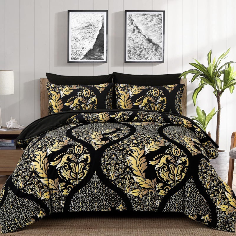 Anibedding Black Gold Comforter Set King Size 7 Pieces Bohemian Damask Comforter Set Soft Lightweight Microfiber Bedding Set for All Season 104x90