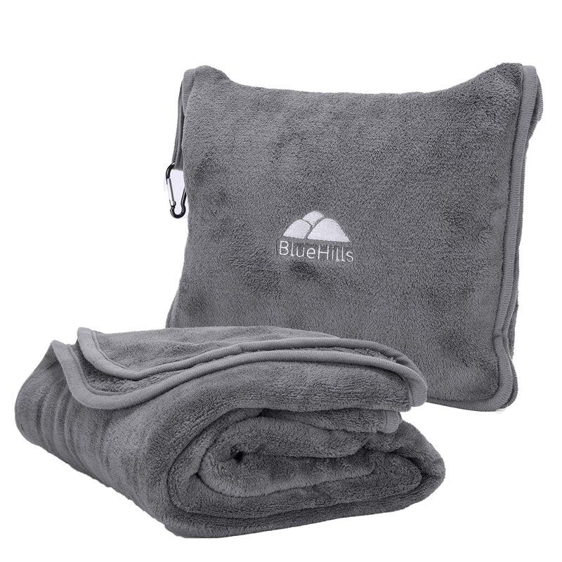 BlueHills BlueHills Premium Soft Long Travel Blanket Pillow for Tall Airplane Flight Blanket Throw in Soft Bag case with Hand Luggage Belt  Backpack Clip Compact Pack Large Grey Gray T052 