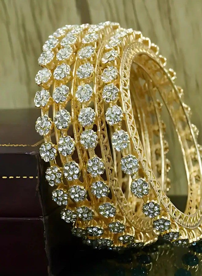 DENICRAAS Premium Traditional Gold Plated Floral Stone Studded Bangles for Women | Ethnic Wedding Jewellery Set of 4 Size 2.6 - Image 3