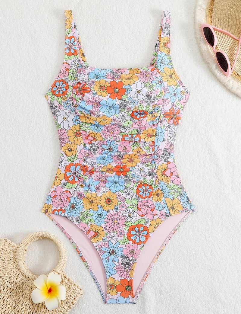 YIMISAN Women's One Piece Swimsuit Square Neck Sporty Ruched Slimming Monokini High Cut Tummy Control Bathing Suit Pink Floral - Image 5