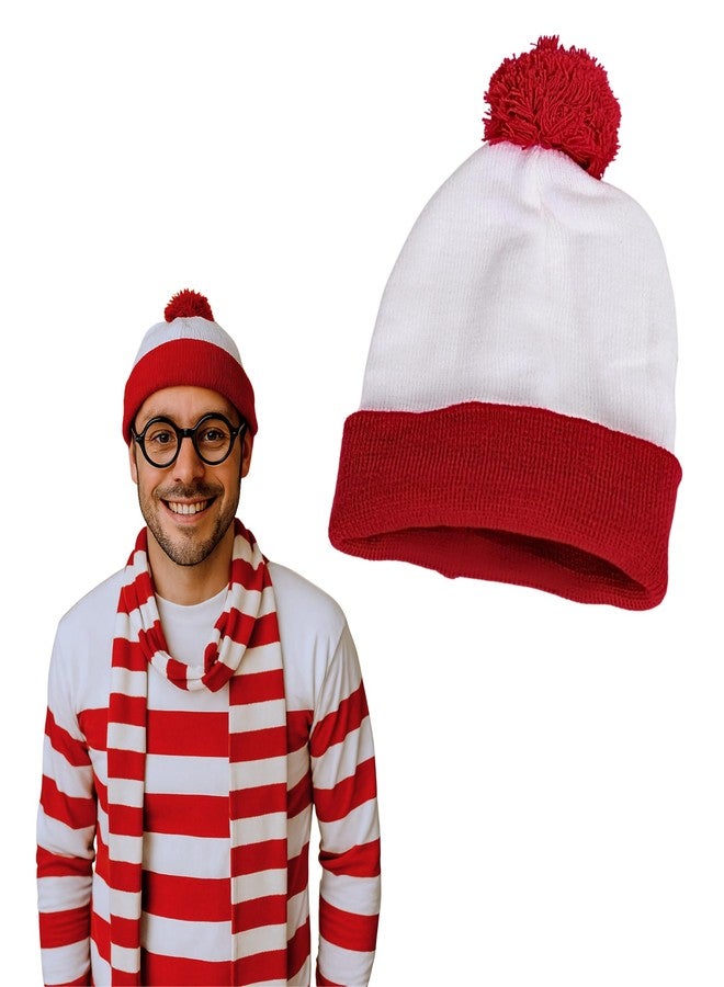 Goodscious Wheres Waldo Hat - Fun & Trendy Wheres Waldo Costume Beanie - Playful Red and White Hat Waldo Costumes for Men & Women - White Beanie with Red Pom Where's Waldo Accessories - Book Character Costumes - Image 1