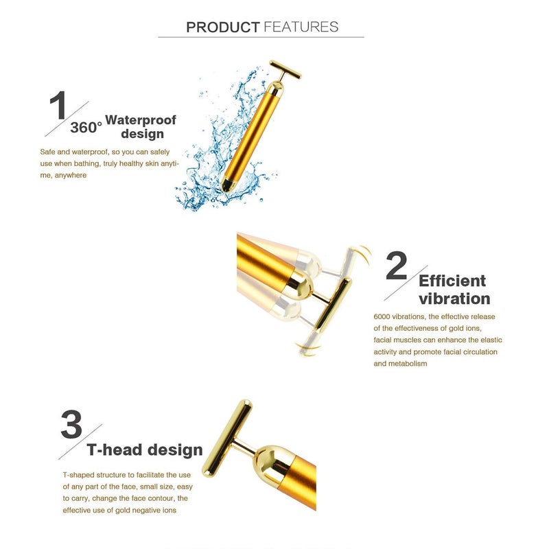 JRT 24K Gold Energy Beauty Bar Electric Vibration Facial Massage Roller Waterproof Face Skin Care TShaped Anti Wrinkle Massager for Forehead Cheek Neck Clavicle Arm Leg - Image 3