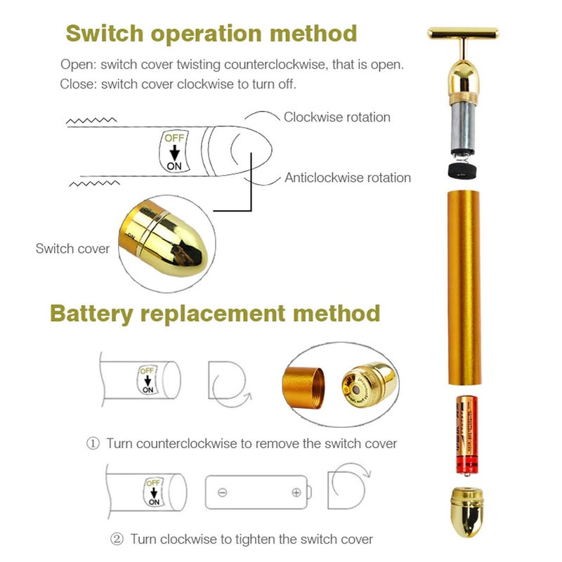 JRT 24K Gold Energy Beauty Bar Electric Vibration Facial Massage Roller Waterproof Face Skin Care TShaped Anti Wrinkle Massager for Forehead Cheek Neck Clavicle Arm Leg - Image 2