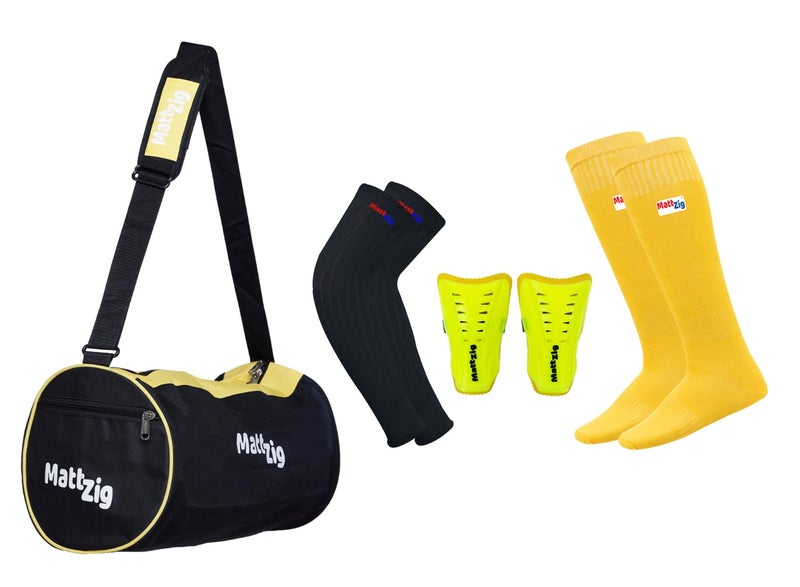 MATTZIG ® Club Football Kit (One Pair of Knee Length Lycra Cotton Socks + One Pair of Shin Guard + One Pair of Cotton Arm Sleeves + One Kit Bag) (Yellow) - Image 1