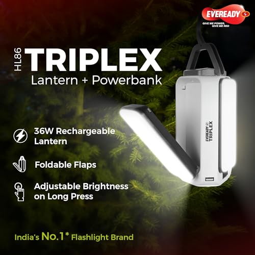 Eveready Triplex HL86, 36W Rechargeable Lantern + Powerbank with 3 Lighting Modes, Foldable Flaps, Adjustable Brightness, USB Type-C Charging, Durable ABS Build, Powered by Eveready Li-ion Battery - Image 2