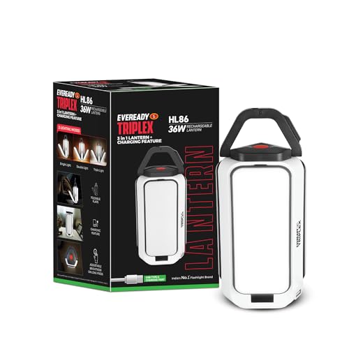 Eveready Triplex HL86, 36W Rechargeable Lantern + Powerbank with 3 Lighting Modes, Foldable Flaps, Adjustable Brightness, USB Type-C Charging, Durable ABS Build, Powered by Eveready Li-ion Battery - Image 1