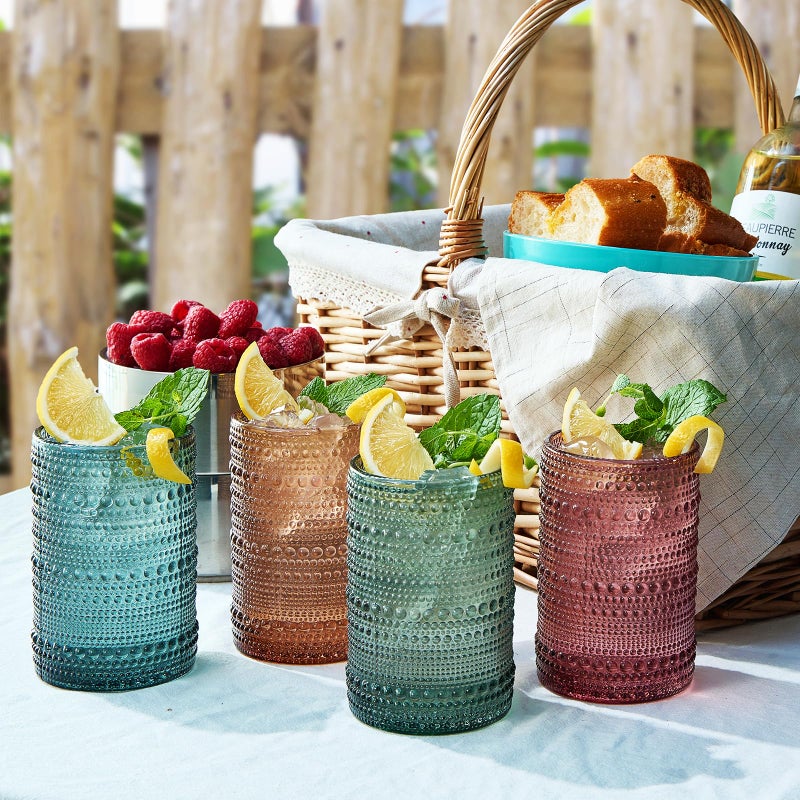 Khen Hobnail Beaded Highball Drinking Tumbler Glasses | Set of 4 | Color, Vintage Bubble Design Whiskey Glassware, Old-Fashioned, Embossed Design for Water, Wine, Cocktail Embossed, Rocks Glass - Image 2