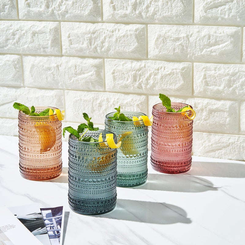 Khen Hobnail Beaded Highball Drinking Tumbler Glasses | Set of 4 | Color, Vintage Bubble Design Whiskey Glassware, Old-Fashioned, Embossed Design for Water, Wine, Cocktail Embossed, Rocks Glass - Image 3