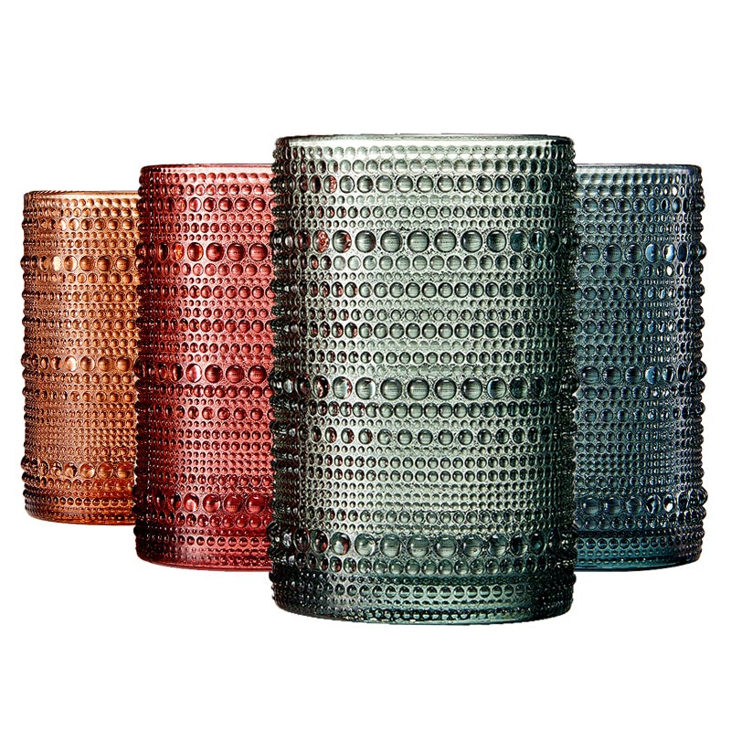 Khen Hobnail Beaded Highball Drinking Tumbler Glasses | Set of 4 | Color, Vintage Bubble Design Whiskey Glassware, Old-Fashioned, Embossed Design for Water, Wine, Cocktail Embossed, Rocks Glass - Image 1