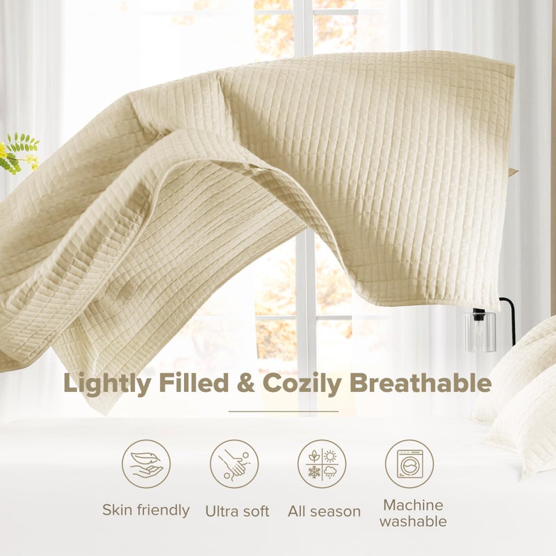 Comfort Spaces Kienna Quilt Set- Double Sided Stitching Design Summer Blanket, Lightweight, Soft, All Season Bedding Layer, Matching Sham, Ivory, Coverlet Full/Queen(90"x90") 3 Piece - Image 4