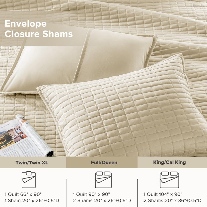 Comfort Spaces Kienna Quilt Set- Double Sided Stitching Design Summer Blanket, Lightweight, Soft, All Season Bedding Layer, Matching Sham, Ivory, Coverlet Full/Queen(90"x90") 3 Piece - Image 5