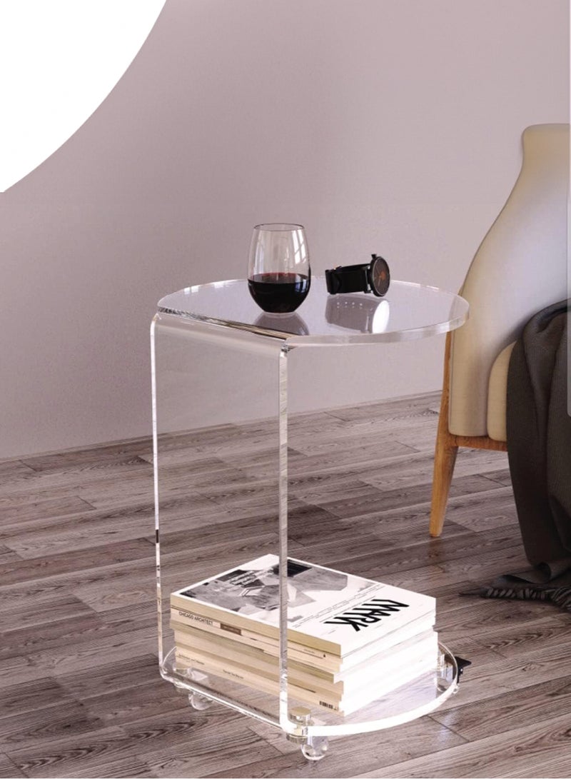 "سمارت بوينتس  " طاولة أريكة جانبية من الأكريليك مستديرة على شكل حرف C على عجلات، طاولة تزيين شفافة متدحرجة لغرفة المعيشة أو غرفة النوم - Image 1