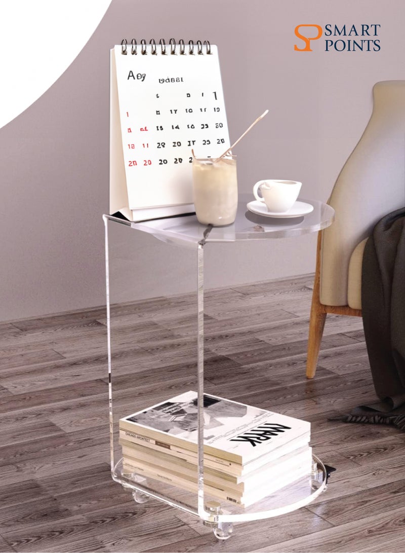 "سمارت بوينتس  " طاولة أريكة جانبية من الأكريليك مستديرة على شكل حرف C على عجلات، طاولة تزيين شفافة متدحرجة لغرفة المعيشة أو غرفة النوم - Image 2