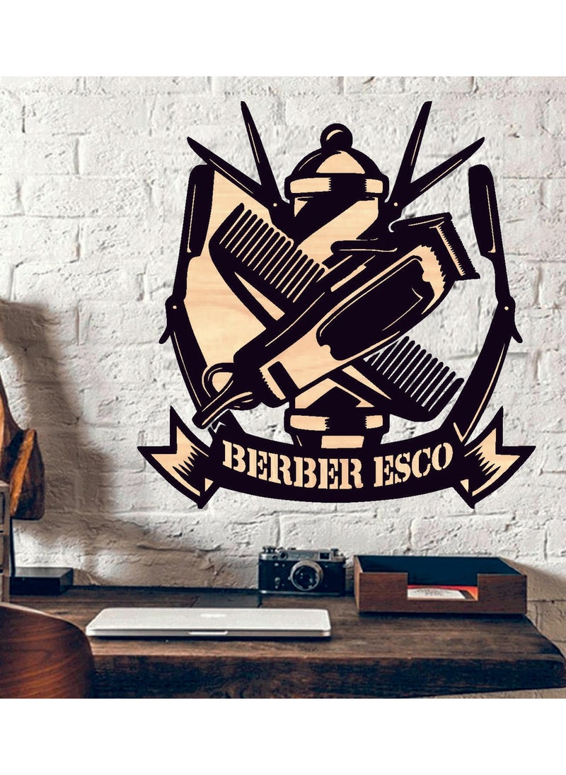 Hediyelikevi Gifthouse Personalized Barbershop 2 Themed Wooden Wall Painting 