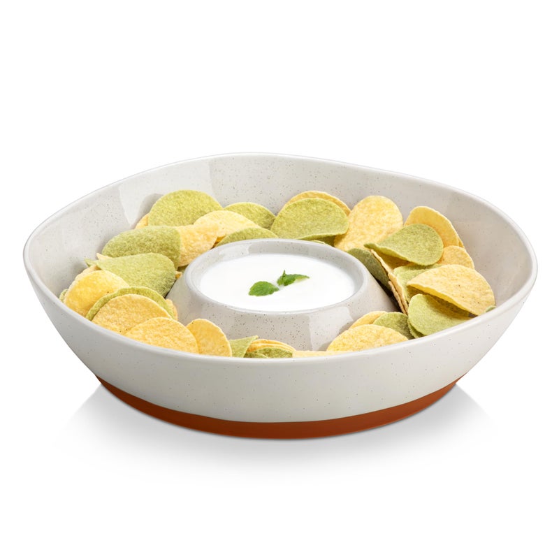 MALACASA Ceramic Chips and Dip Serving Tray, 12 Inch Large Divided Bowls Set for Salsa, Veggies & Dip, Appetizers, Snacks, Free-Form Serving Dish Platter for Parties Hosting & Entertaining, Gray - Image 1