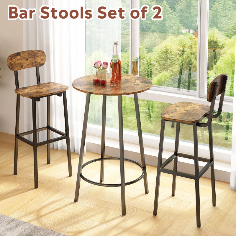 GILLAS Set of 2 Bar Stools, Modern Bar Stool with Backrest and Footrest, Tall Bar Chairs, Industrial Style Counter Height Bar Stools for Dining Room, Kitchen Counter, Rustic Brown - Image 2