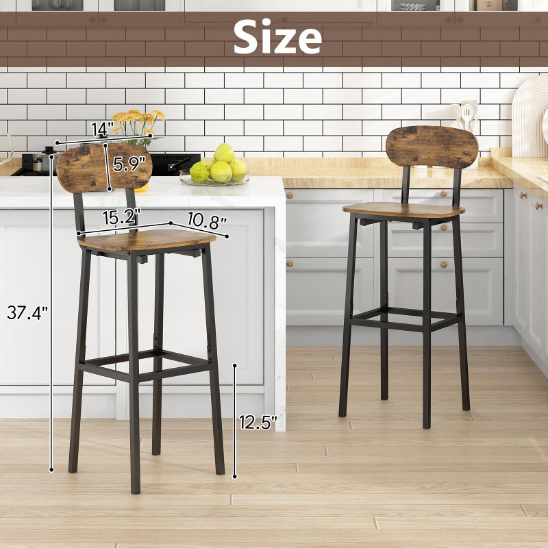 GILLAS Set of 2 Bar Stools, Modern Bar Stool with Backrest and Footrest, Tall Bar Chairs, Industrial Style Counter Height Bar Stools for Dining Room, Kitchen Counter, Rustic Brown - Image 3