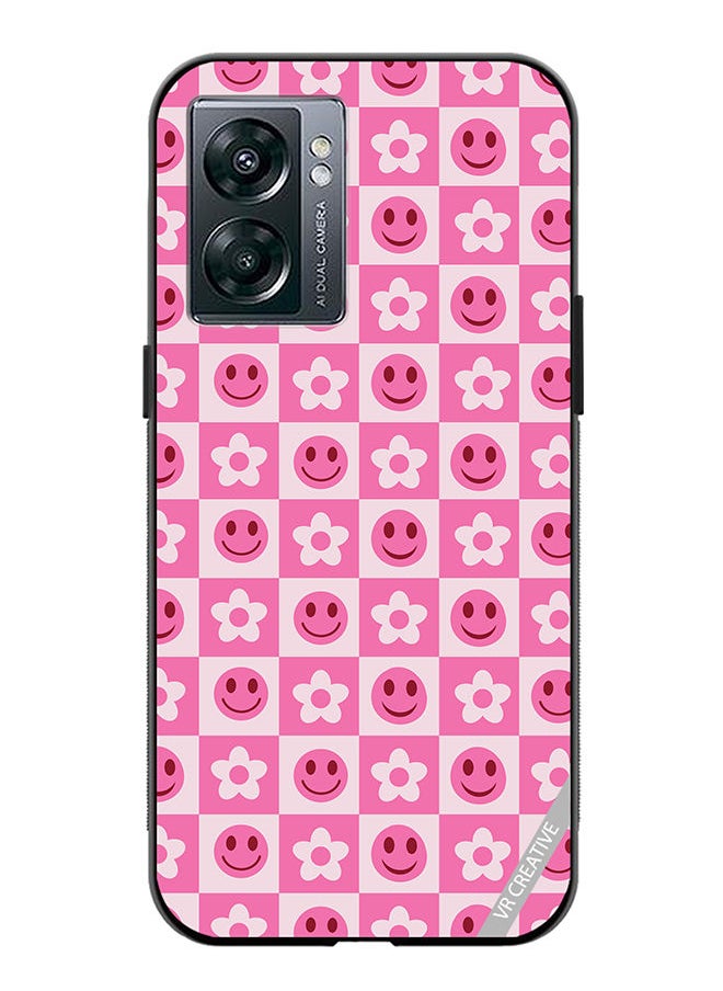 Protective Case Cover For OnePlus Nord N300 Checkered Hot Pink Retro Flowers And Happy Faces Seamless Pattern Design Multicolour