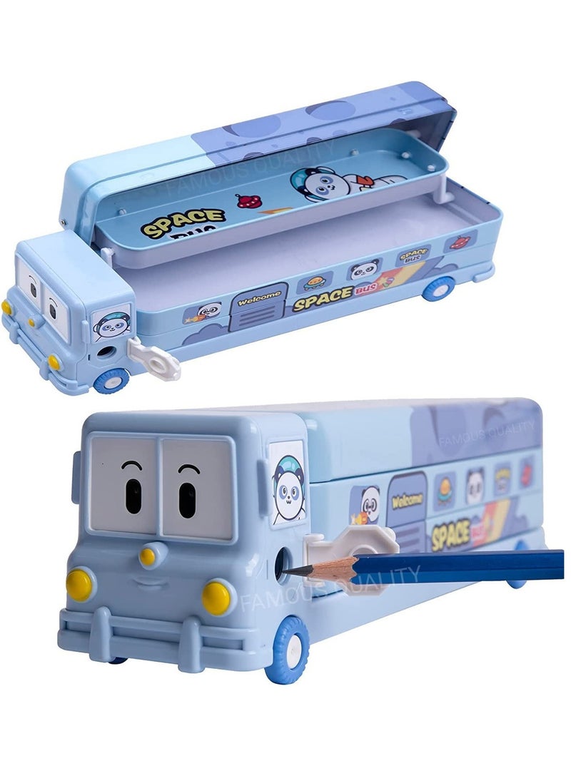 FAMOUS 2 in 1 Cartoon Printed School Bus Metal Pencil Box with Moving Tyres and Sharpener for Kids   Blue Metal - Image 1