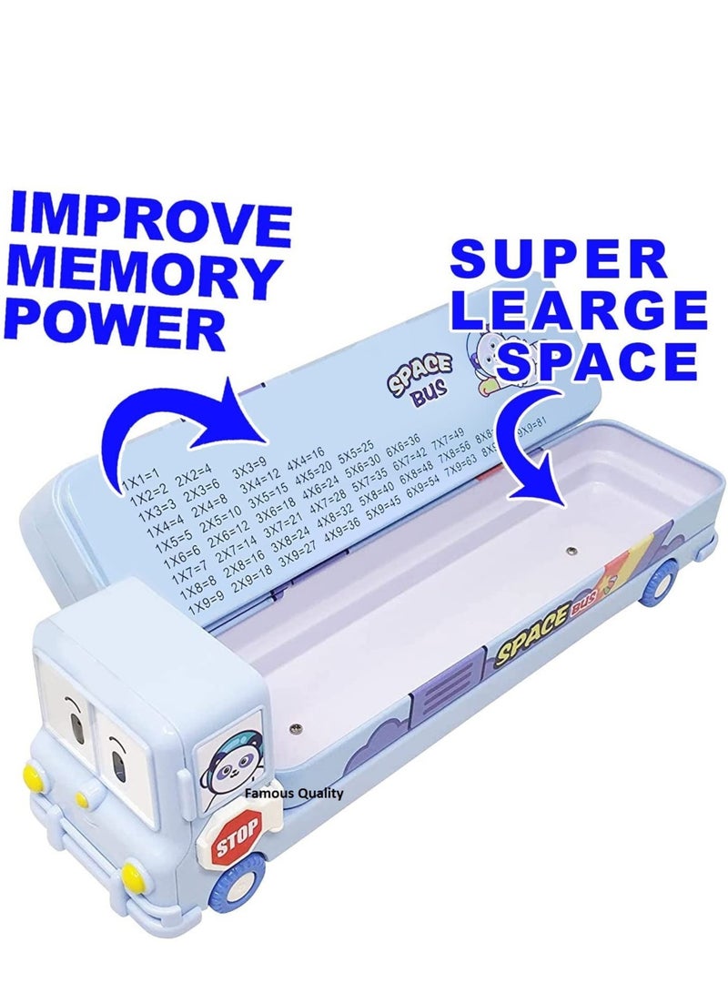 FAMOUS 2 in 1 Cartoon Printed School Bus Metal Pencil Box with Moving Tyres and Sharpener for Kids   Blue Metal - Image 2