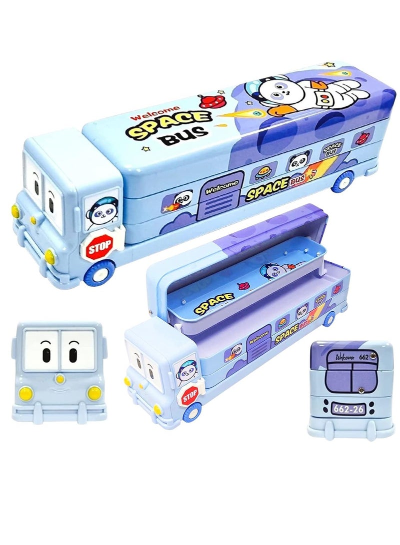 FAMOUS 2 in 1 Cartoon Printed School Bus Metal Pencil Box with Moving Tyres and Sharpener for Kids   Blue Metal - Image 3