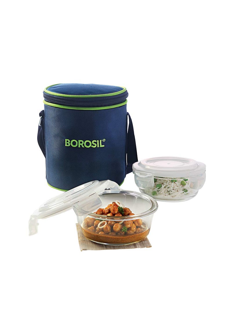BOROSIL Borosil Klip n Store Lunchbox with Bag Set of 2 400ml Each Borosilicate Glass Round Vertical Microwave Dishwasher Safe Leak Proof Tiffin for Office School College Blue Transparent  - Image 4
