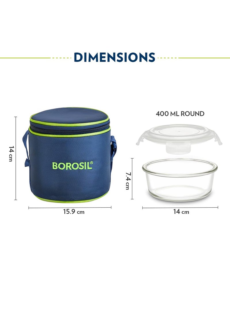 BOROSIL Borosil Klip n Store Lunchbox with Bag Set of 2 400ml Each Borosilicate Glass Round Vertical Microwave Dishwasher Safe Leak Proof Tiffin for Office School College Blue Transparent  - Image 2