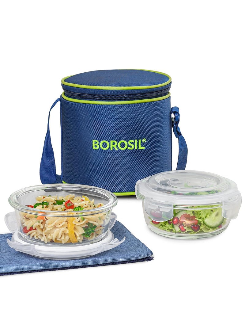 BOROSIL Borosil Klip n Store Lunchbox with Bag Set of 2 400ml Each Borosilicate Glass Round Vertical Microwave Dishwasher Safe Leak Proof Tiffin for Office School College Blue Transparent  - Image 1