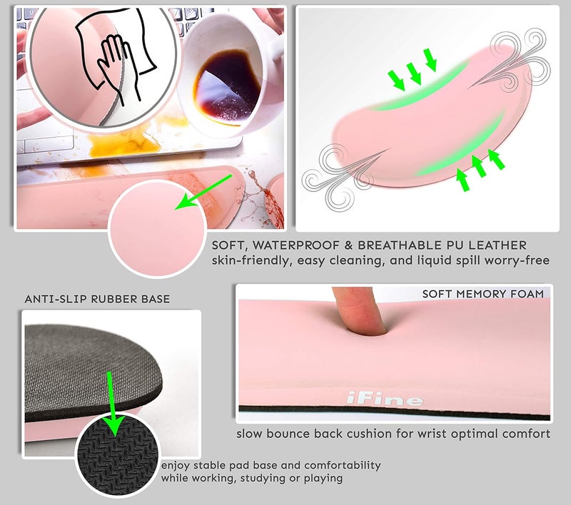 iFine Upgrade Cleanable PU Leather Keyboard Wrist Rest Pad  Mouse Wrist Cushion Support for School Office Home Computer Laptop Mac Waterproof Lightweight Comfortable Pain Relief Typing Pink - Image 2