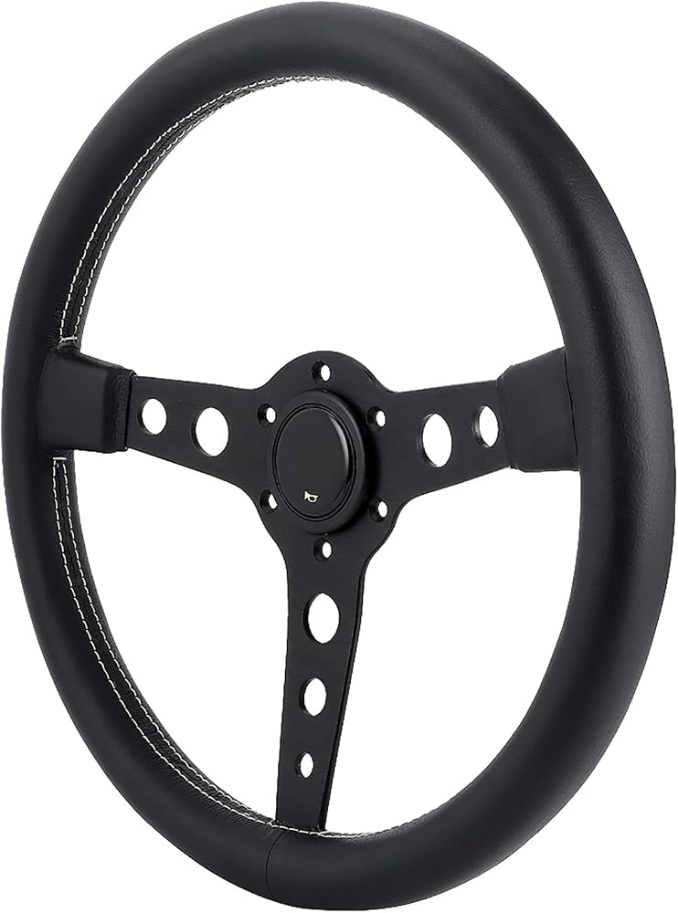 TOPINCN Racing Steering Wheel, 14in 350mm Leather Black Aluminum spokes, gray stitching, horn button included, fits most cars with standard hub adapter - Image 2