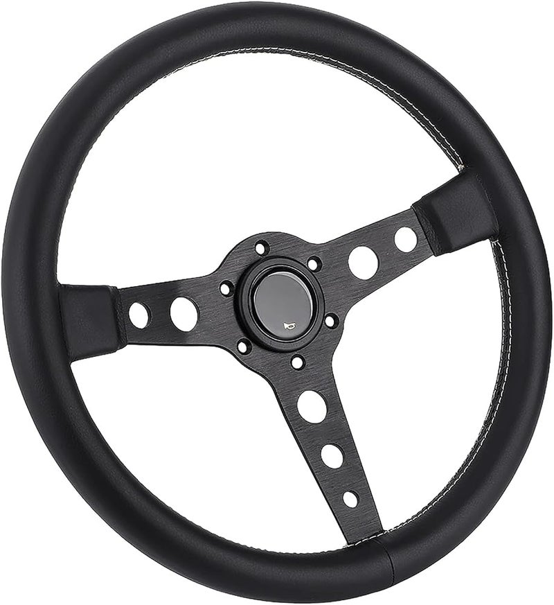 TOPINCN Racing Steering Wheel, 14in 350mm Leather Black Aluminum spokes, gray stitching, horn button included, fits most cars with standard hub adapter - Image 3