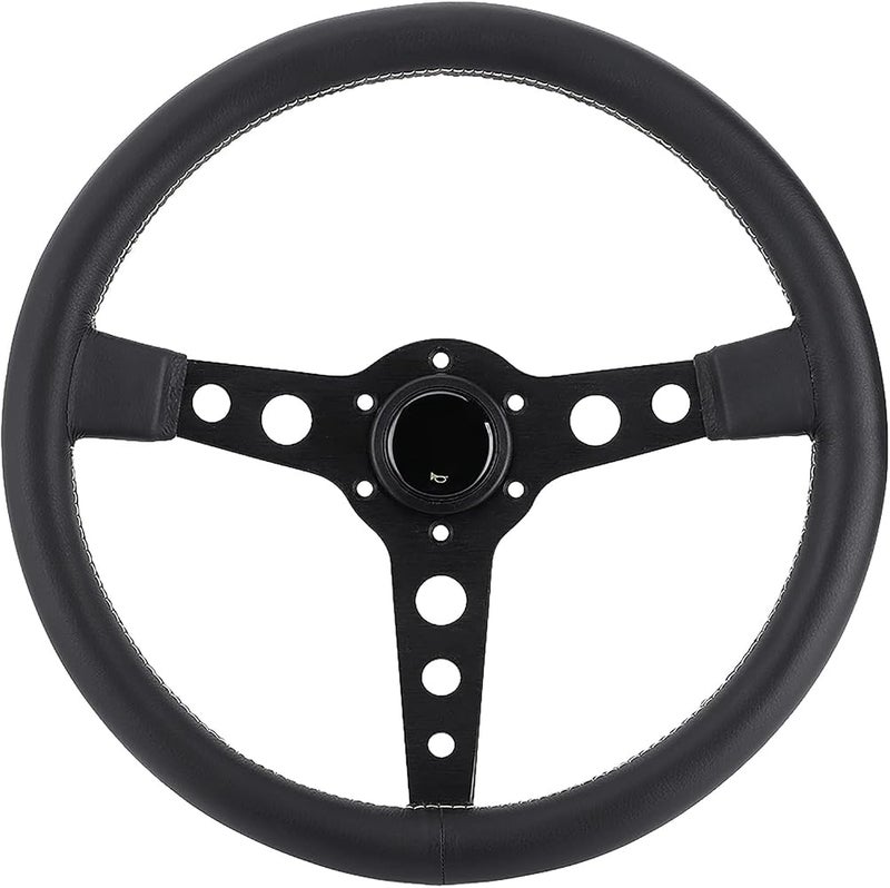 TOPINCN Racing Steering Wheel, 14in 350mm Leather Black Aluminum spokes, gray stitching, horn button included, fits most cars with standard hub adapter - Image 1