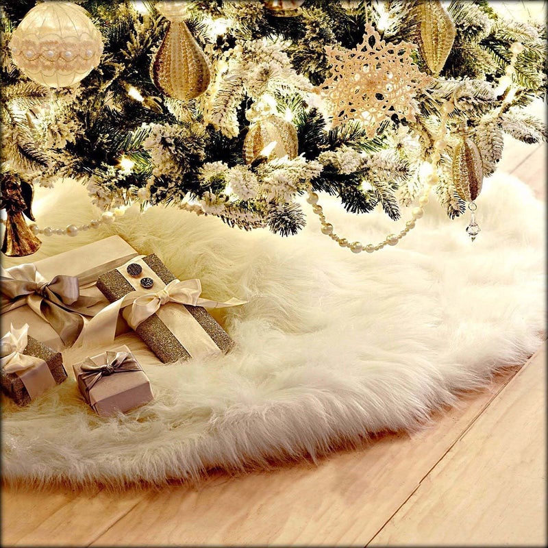 GUVVEAZ GUVVEAZ 48 Inches Christmas Tree Skirts White Luxury Faux Fur Tree Ornaments Plush XmasTree Skirt for Christmas Decoration New Year Party 48 Inch Dia 
