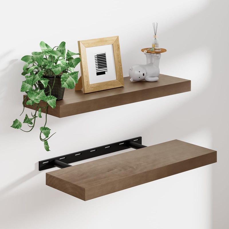 Heimlove 16 Inch Floating Shelves for Wall Walnut Shelves Set of 2,Wall Mounted Rustic Wood 8 Inch Deep Floating Shelf with Invisible Brackets for Bedroom Kitchen Living Room - Image 1