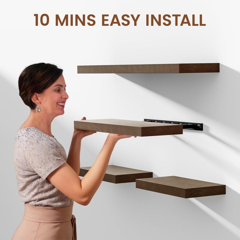 Heimlove 16 Inch Floating Shelves for Wall Walnut Shelves Set of 2,Wall Mounted Rustic Wood 8 Inch Deep Floating Shelf with Invisible Brackets for Bedroom Kitchen Living Room - Image 3