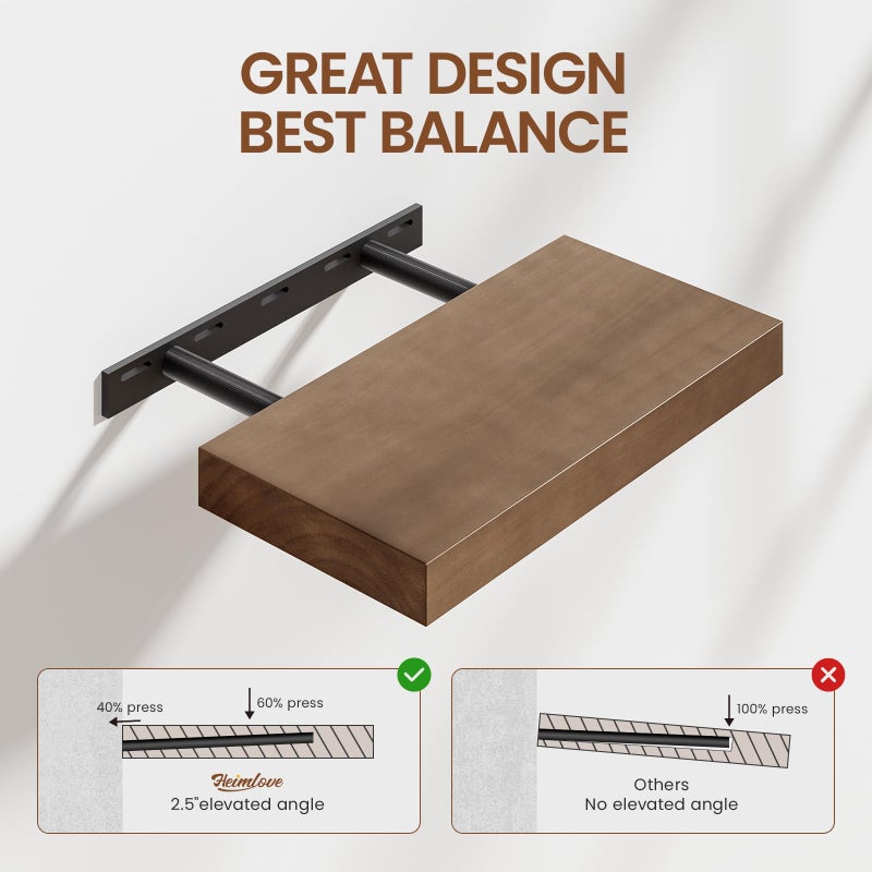 Heimlove 16 Inch Floating Shelves for Wall Walnut Shelves Set of 2,Wall Mounted Rustic Wood 8 Inch Deep Floating Shelf with Invisible Brackets for Bedroom Kitchen Living Room - Image 5