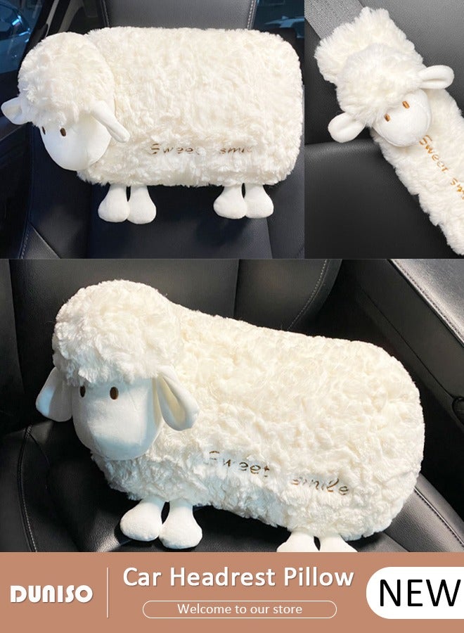 DUNISO Car Neck Pillow Kit,Car Headrest Pillow,White Sheep Car Neck Pillow, Car Lumbar Support Pillow, Comfortable Soft Car Seat Pillow for Driving, Car Decor Accessories, Home and Chair for Neck Back Pain Relief - Image 1