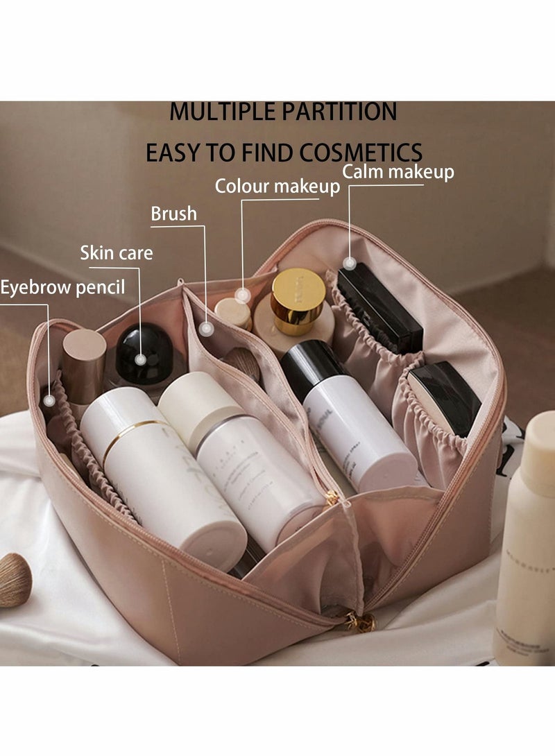 Excefore Large-Capacity Travel Cosmetic Bag, PU Leather Makeup Bag, Waterproof Portable Cosmetic Bag, Multifunctional Storage Makeup Organizer Bag, Travel Cosmetic Bag with Dividers and Handle(Pink) - Image 2